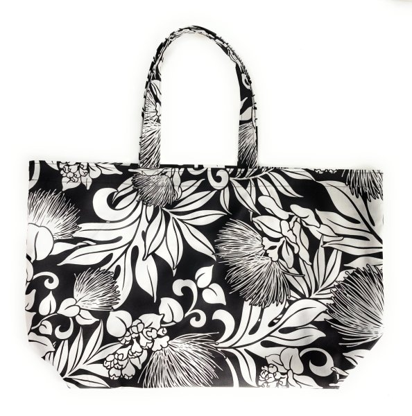 画像1: 肩にもかけられるハワイアン トートバッグ 巾着袋付き レフア柄 ブラッ ク (1)