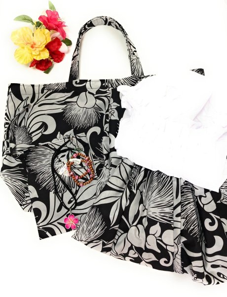 画像9: 肩にもかけられるハワイアン トートバッグ 巾着袋付き レフア柄 ブラッ ク (9)