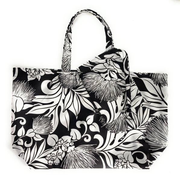 画像3: 肩にもかけられるハワイアン トートバッグ 巾着袋付き レフア柄 ブラッ ク (3)
