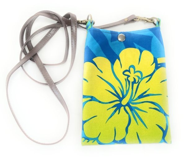 画像1: ハワイアン スマホ・ポーチ ショルダーストラップ付 ハイビスカス柄 ターコイズ・グリーン (1)