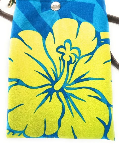 画像2: ハワイアン スマホ・ポーチ ショルダーストラップ付 ハイビスカス柄 ターコイズ・グリーン (2)