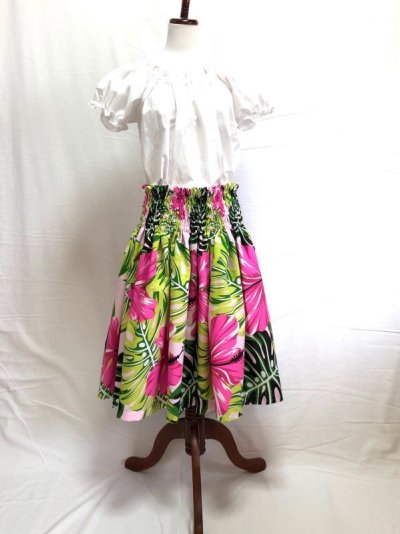 画像1: シングルパウスカート ハイビスカス柄 ピンク スカート丈65cm