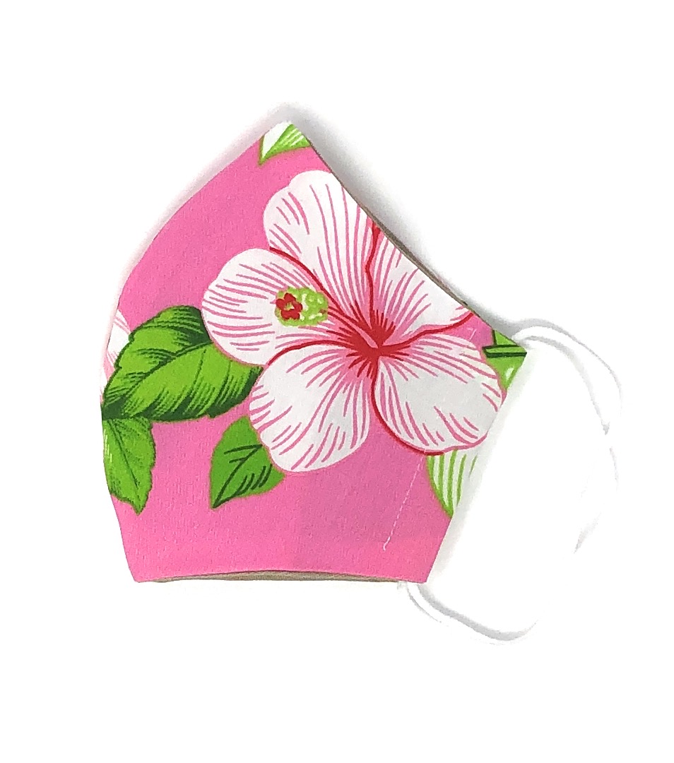 MAMARLINE（ママーライン） ハワイアン ファッション マスク（3D扇型・蒸れにくい・ファンデーション対策対応） ハイビスカス柄 ピンク