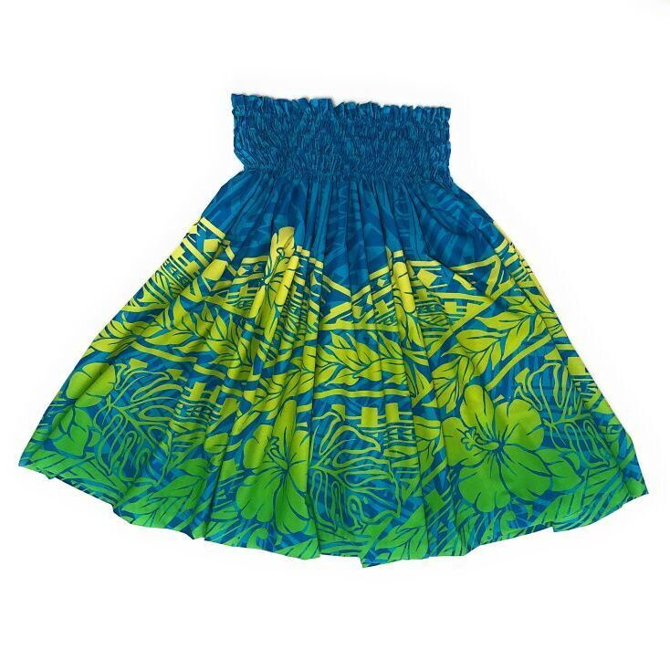 画像3: シングルパウスカート スカート丈７４cm ハイビスカス柄 ターコイズ/グリーン